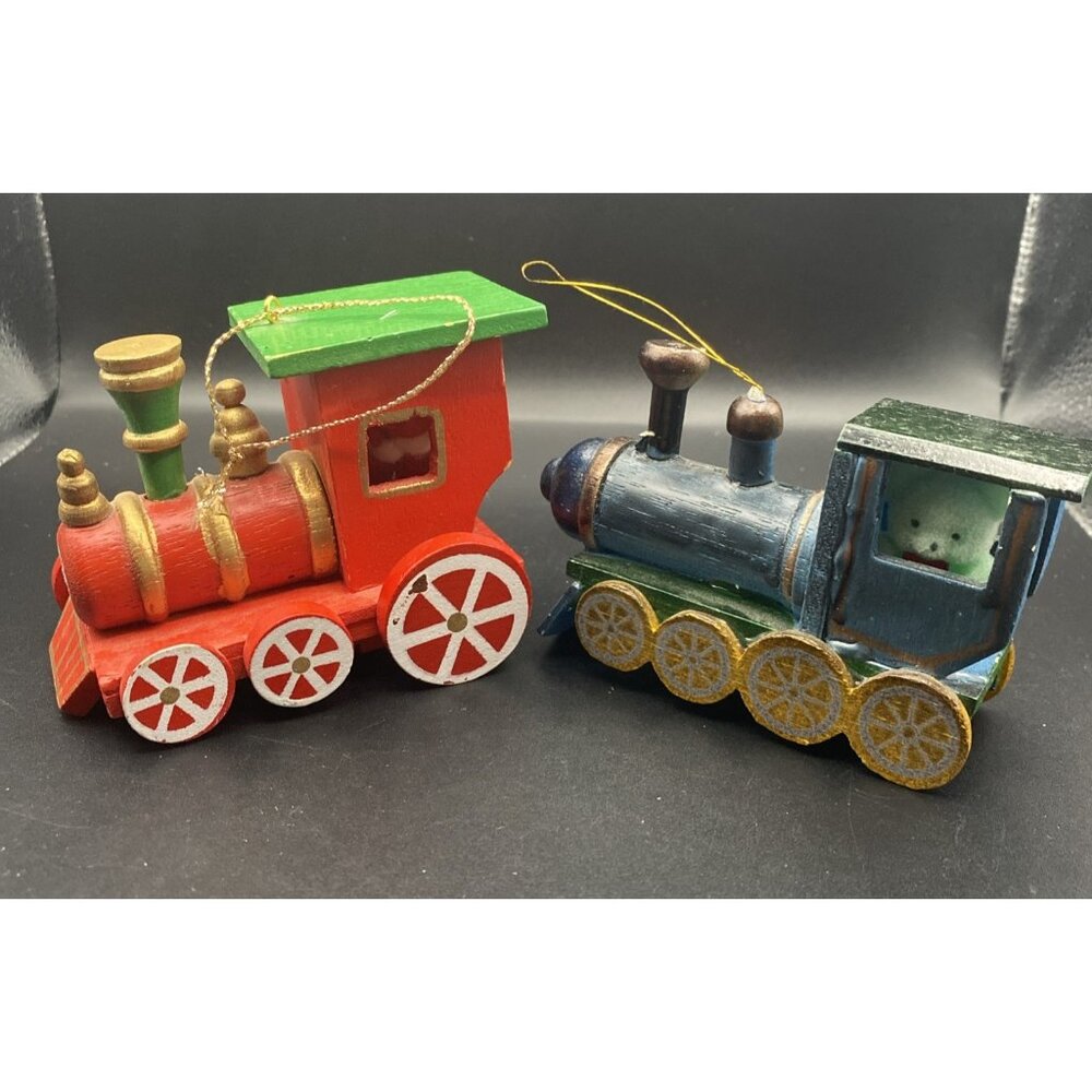 Lot 2 Vintage Wooden Train Ornaments Santa Blue Bear Engine Locomotive Christmas - Picture 1 of 15